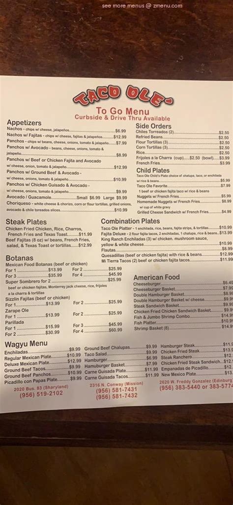 Taco ole mission - Taco Ole - Mission Menu. $$ · Mexican, Breakfast, Restaurant. 2316 N Conway Ave, Mission, TX 78574. Update Menu. Appetizers. Nachos - Chips W/ Cheese, …